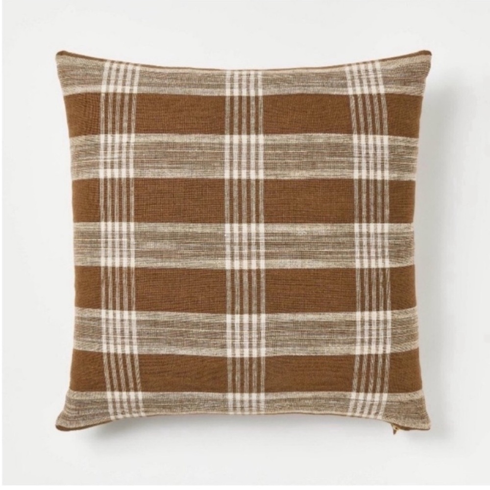 Threshold Studio McGee Woven Plaid Pillow Brown Removable Cover Cozy 20"x20” NWT